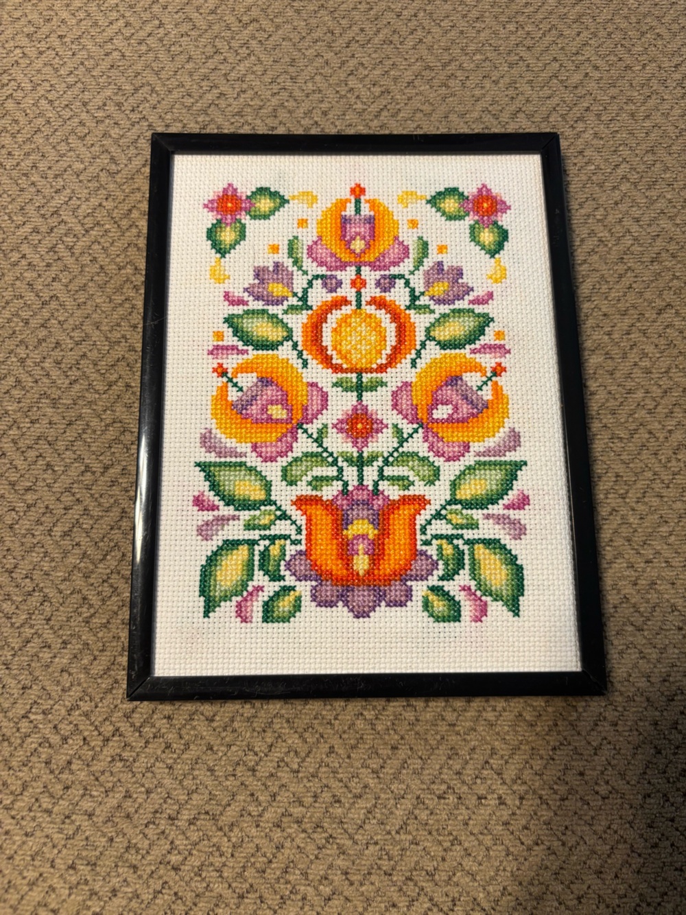 Framed counted cross stitch Nordic folk art floral design. 70’s-90’s vintage